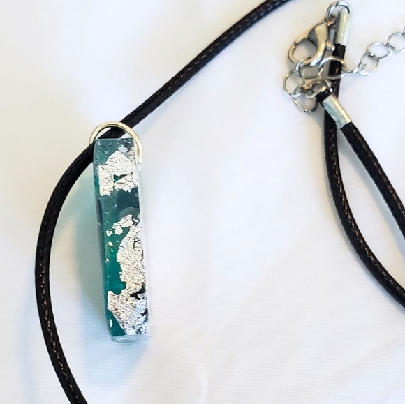 Fluorite Gemstone & Silver Leaf in Resin Necklace - Picture 4 of 8